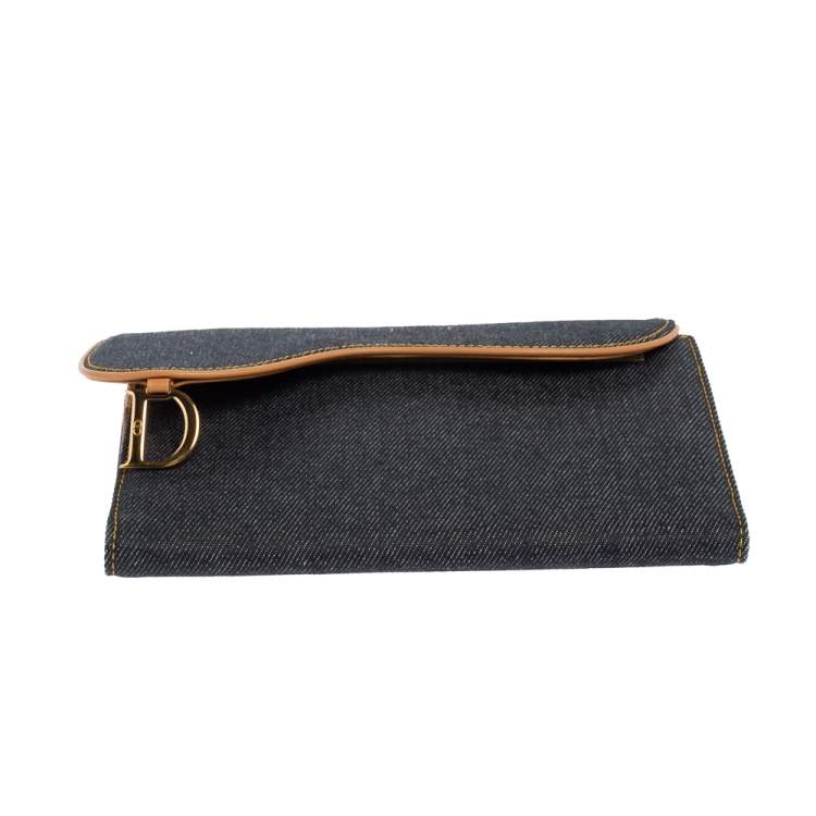 Pre Owned Dior Navy Blue Denim Saddle Trifold Continental Wallet