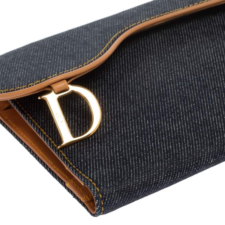 Pre Owned Dior Navy Blue Denim Saddle Trifold Continental Wallet