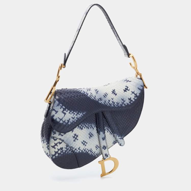 Pre Owned Dior Navy Blue/White Python Saddle Shoulder Bag