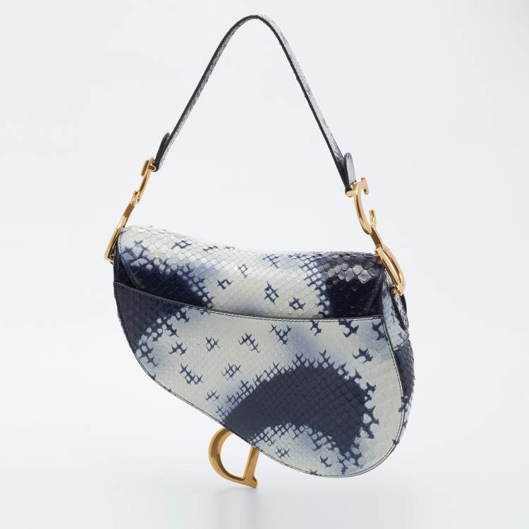 Pre Owned Dior Navy Blue/White Python Saddle Shoulder Bag
