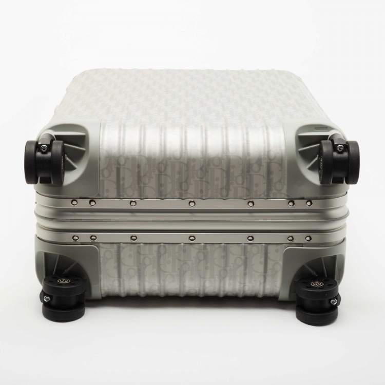 Pre Owned Dior X Rimowa Grey Oblique Aluminum 4 Wheel Cabin Suitcase