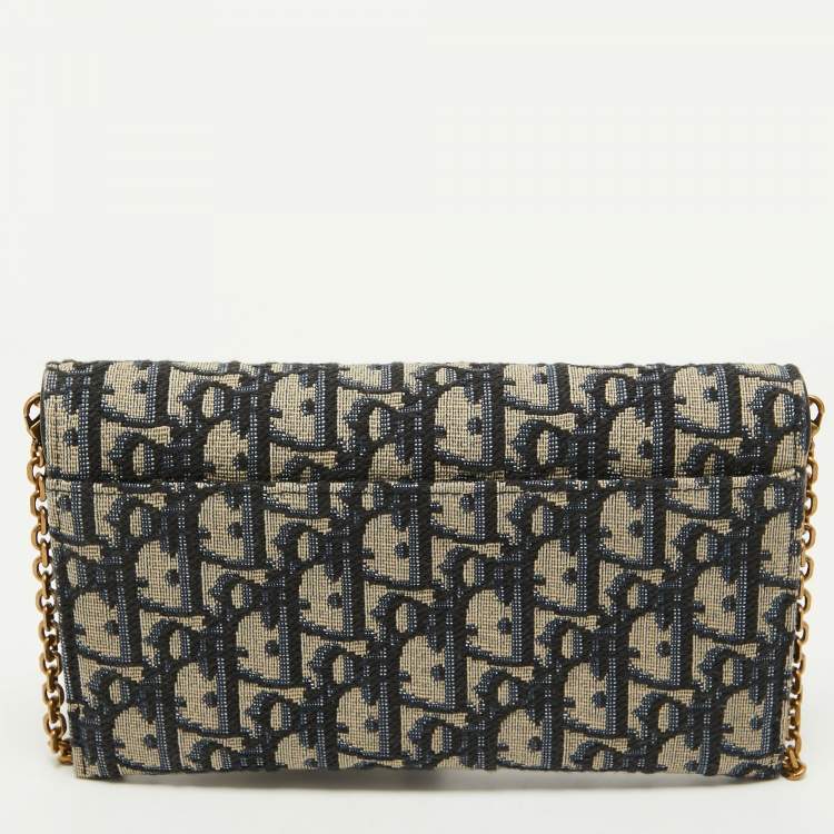 Pre Owned Dior Navy Blue Oblique Canvas and Leather Saddle Wallet On Chain