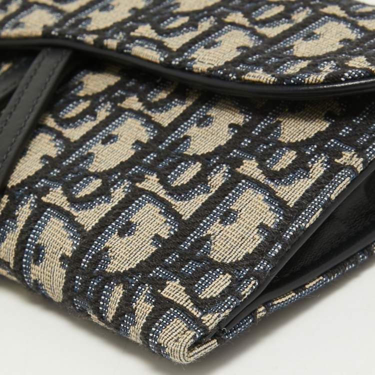 Pre Owned Dior Navy Blue Oblique Canvas and Leather Saddle Wallet On Chain