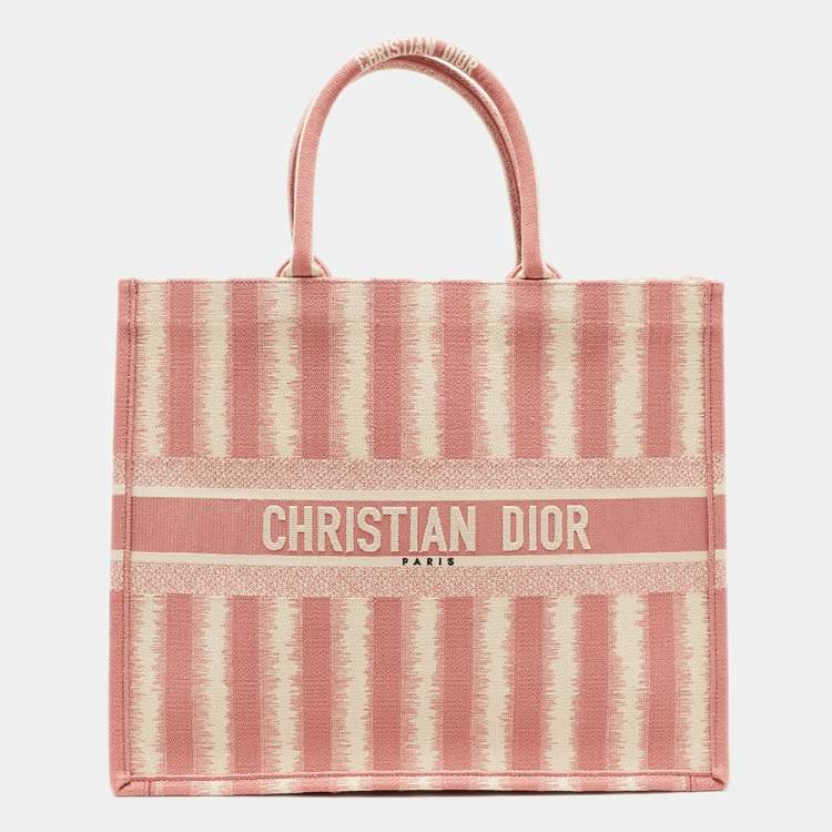 Dior Pink/White Embroidered Canvas D-Stripe Book Tote Dior