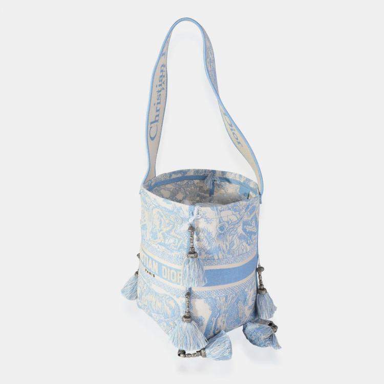 Dior Cornflower Blue Toile de Jouy Embroidery D-Bubble Bucket Bag