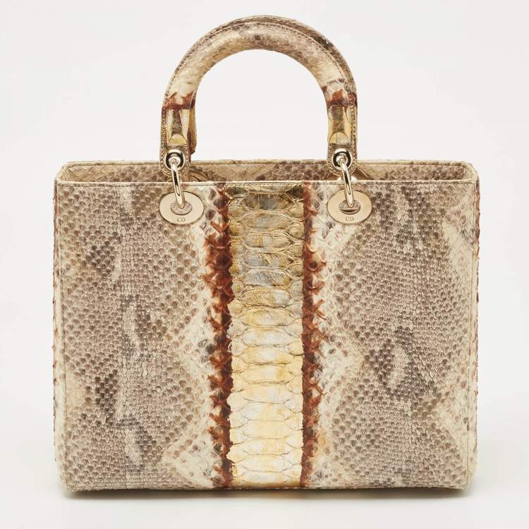 Pre Owned Dior Gold/Beige Python Large Lady Dior Tote