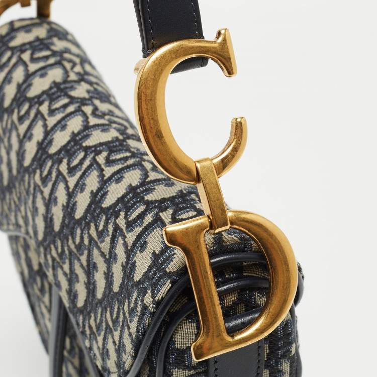 Pre Owned Dior Blue Oblique Canvas and Leather Saddle Bag