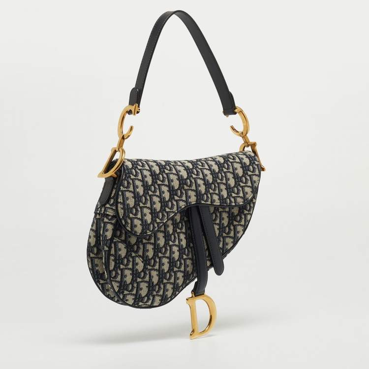 Pre Owned Dior Blue Oblique Canvas and Leather Saddle Bag