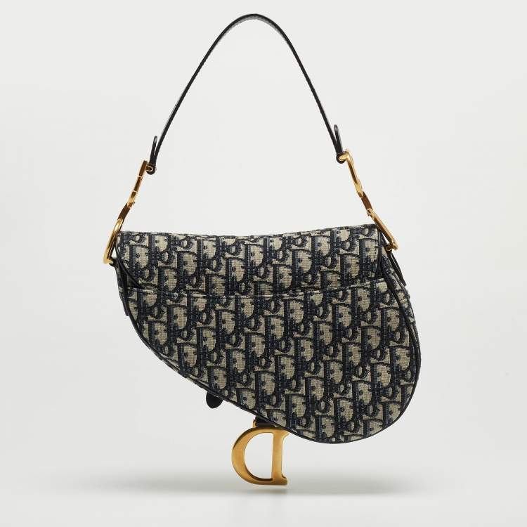 Pre Owned Dior Blue Oblique Canvas and Leather Saddle Bag