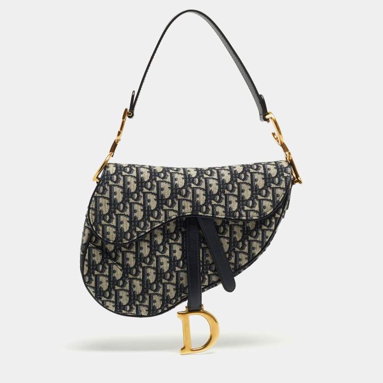 Pre Owned Dior Blue Oblique Canvas and Leather Saddle Bag