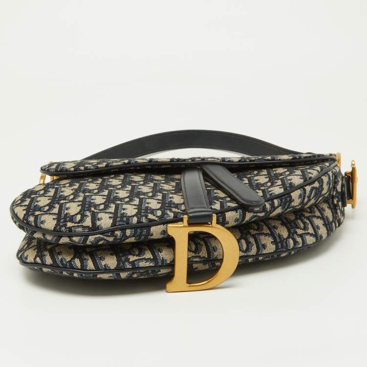 Pre Owned Dior Navy Blue Oblique Canvas and Leather Saddle Bag