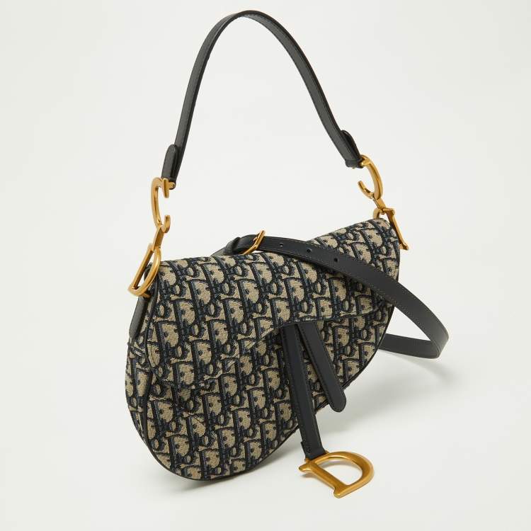 Pre Owned Dior Navy Blue Oblique Canvas and Leather Saddle Bag
