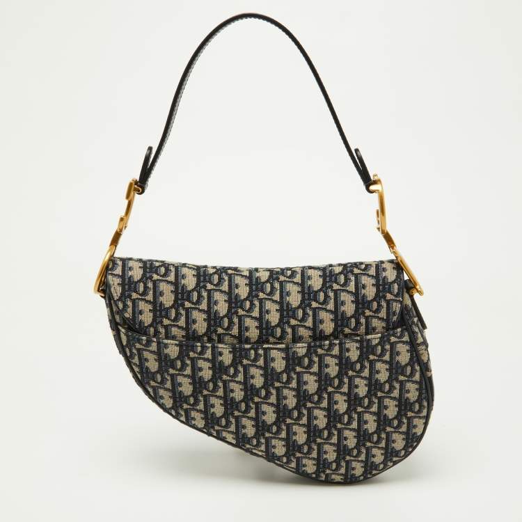 Pre Owned Dior Navy Blue Oblique Canvas and Leather Saddle Bag