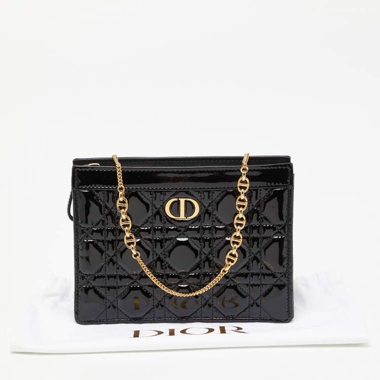 Pre Owned Dior Black Cannage Patent Leather Caro Zipped Chain Pouch