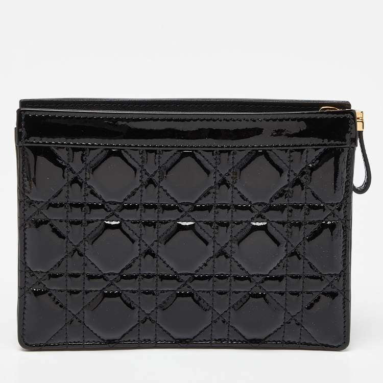 Pre Owned Dior Black Cannage Patent Leather Caro Zipped Chain Pouch
