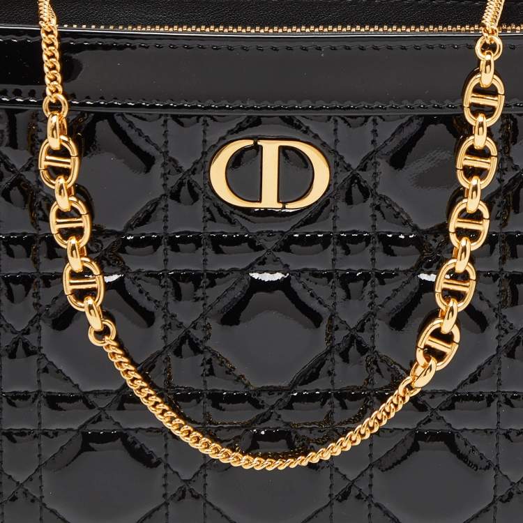 Pre Owned Dior Black Cannage Patent Leather Caro Zipped Chain Pouch