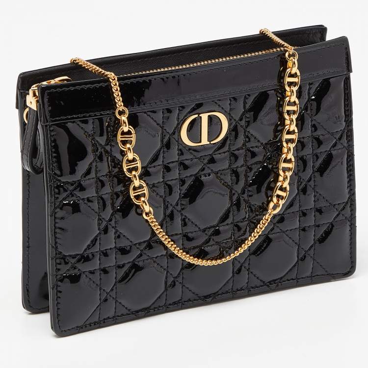 Pre Owned Dior Black Cannage Patent Leather Caro Zipped Chain Pouch