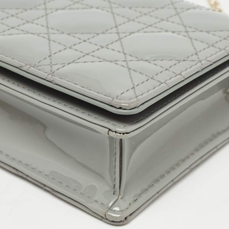 Pre Owned Dior Grey Cannage Patent Leather Lady Dior Chain Pouch