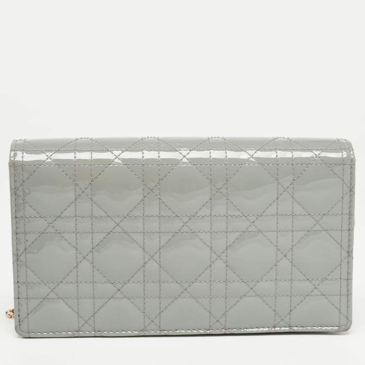 Pre Owned Dior Grey Cannage Patent Leather Lady Dior Chain Pouch