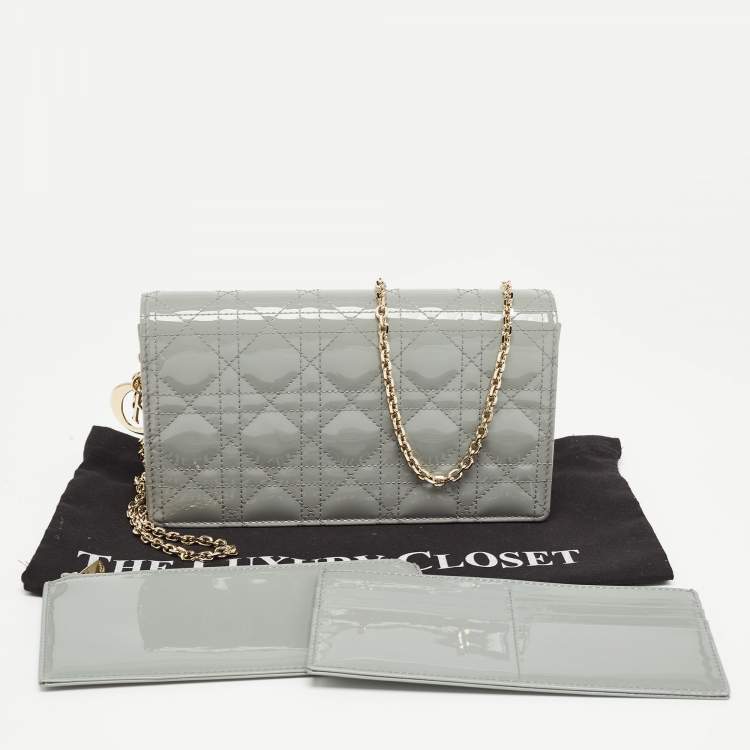 Pre Owned Dior Grey Cannage Patent Leather Lady Dior Chain Pouch