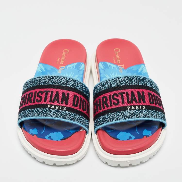 Pre Owned Dior Tricolor Logo Embossed Canvas Dway Slides Size 38.5