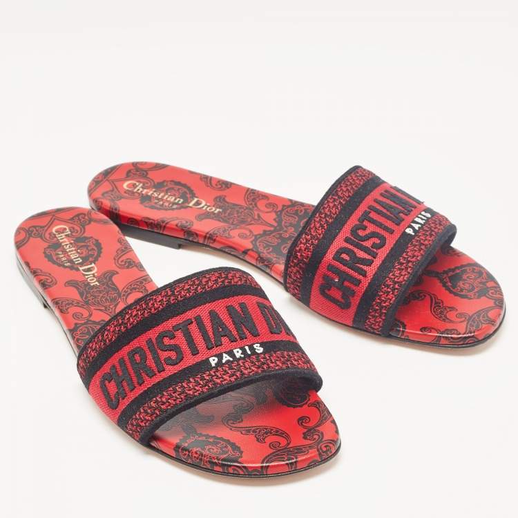 Pre Owned Dior Red/Black Canvas Dway Flat Slides Size 40