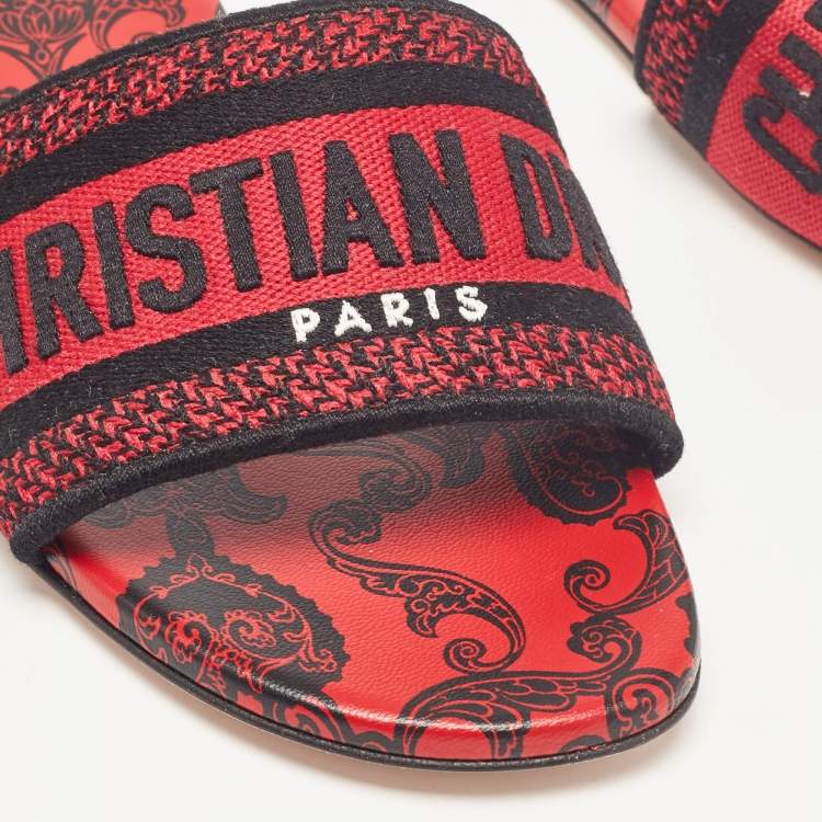 Pre Owned Dior Red/Black Canvas Dway Flat Slides Size 40