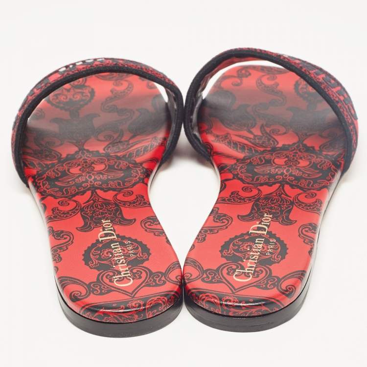 Pre Owned Dior Red/Black Canvas Dway Flat Slides Size 40