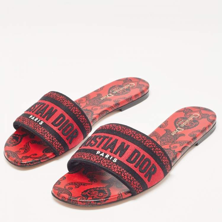 Pre Owned Dior Red/Black Canvas Dway Flat Slides Size 40