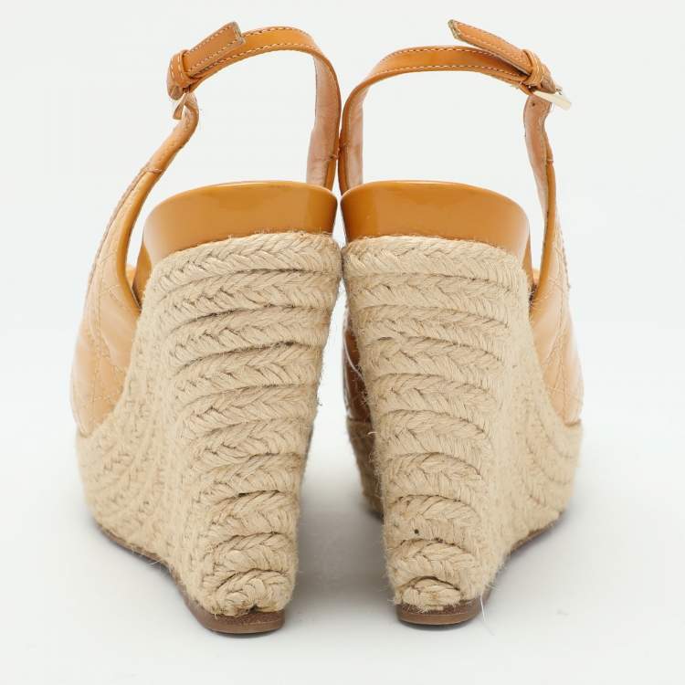 Pre Owned Dior Beige Cannage Patent Leather Bow Wedge Espadrille Platform Sandals Size 37.5