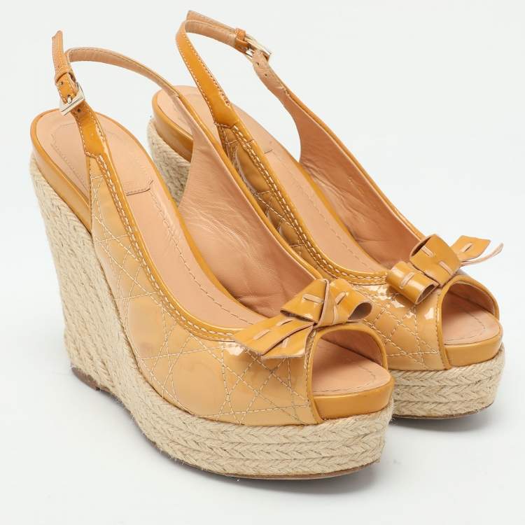 Pre Owned Dior Beige Cannage Patent Leather Bow Wedge Espadrille Platform Sandals Size 37.5