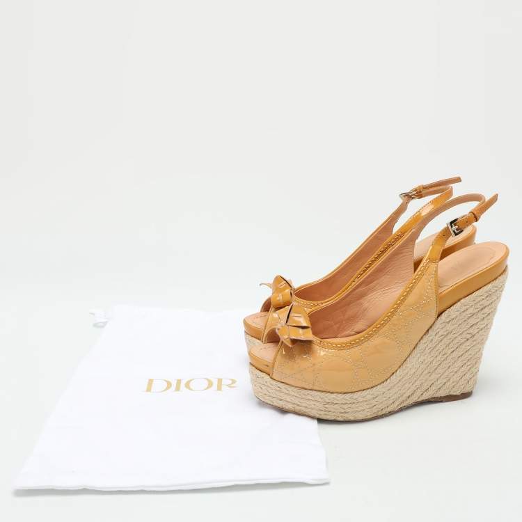 Pre Owned Dior Beige Cannage Patent Leather Bow Wedge Espadrille Platform Sandals Size 37.5