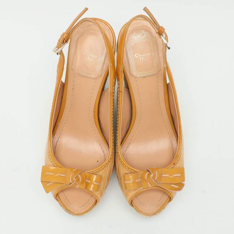 Pre Owned Dior Beige Cannage Patent Leather Bow Wedge Espadrille Platform Sandals Size 37.5