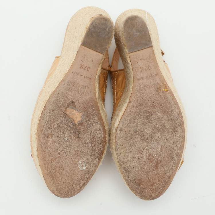 Pre Owned Dior Beige Cannage Patent Leather Bow Wedge Espadrille Platform Sandals Size 37.5