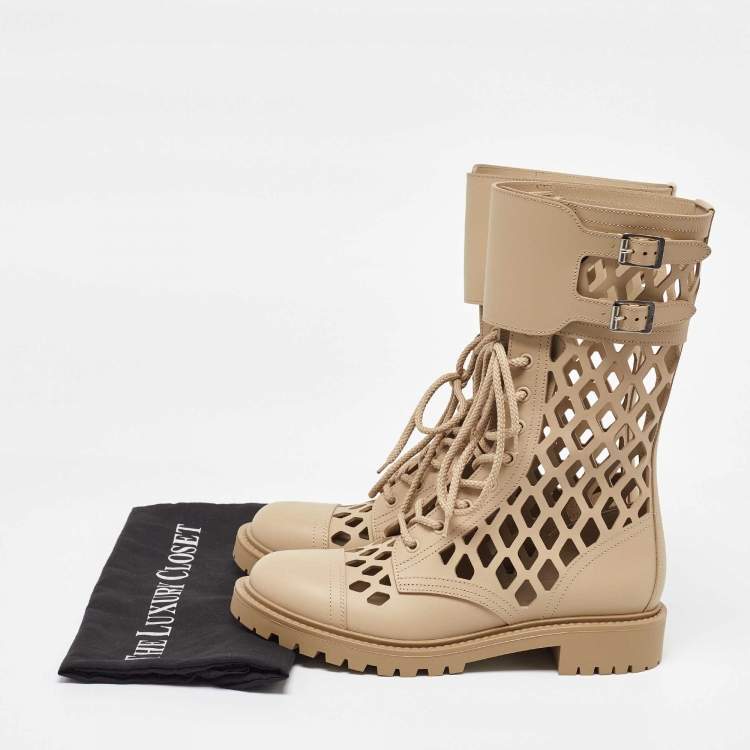 Pre Owned Dior Beige Leather Laser cut Accents Combat Boots Size 39.5