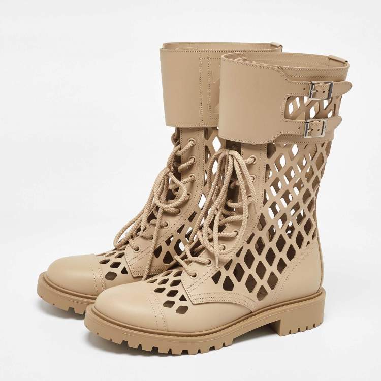Pre Owned Dior Beige Leather Laser cut Accents Combat Boots Size 39.5
