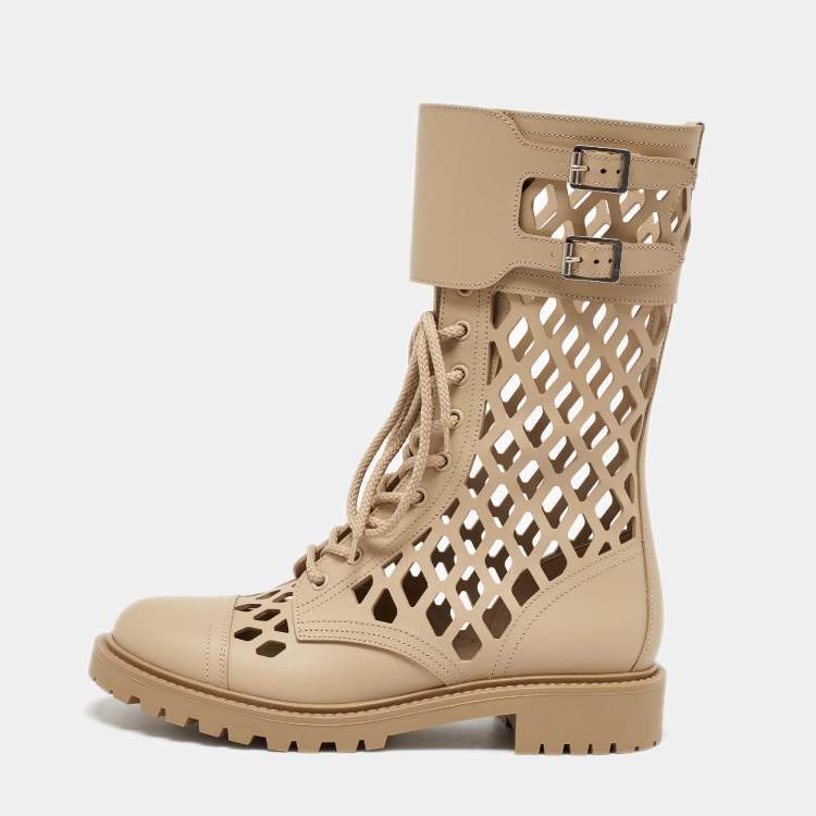 Pre Owned Dior Beige Leather Laser cut Accents Combat Boots Size 39.5