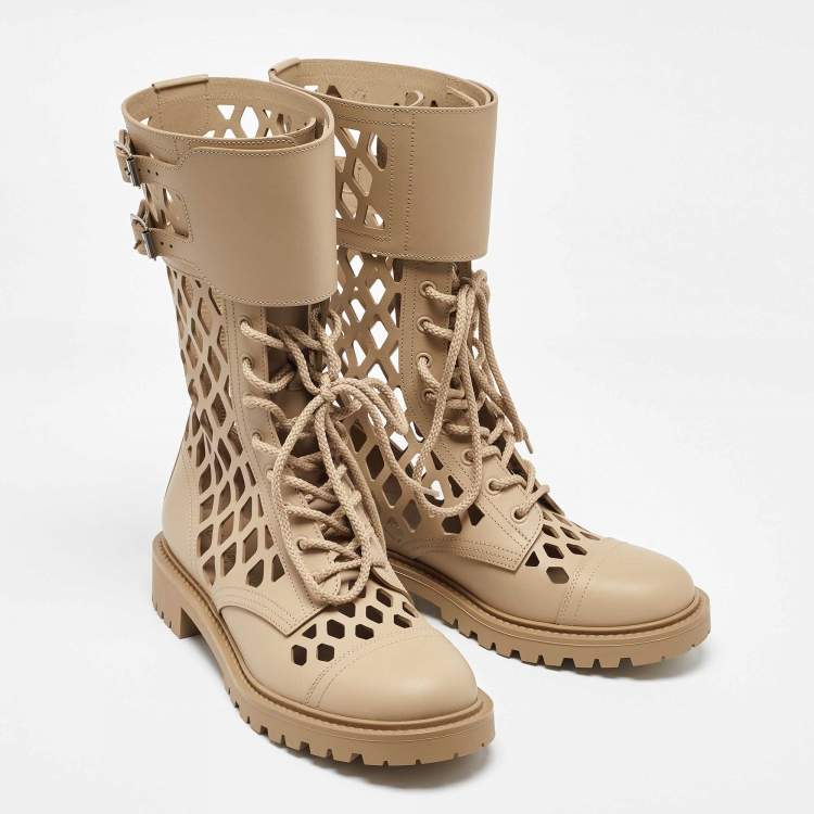 Pre Owned Dior Beige Leather Laser cut Accents Combat Boots Size 39.5