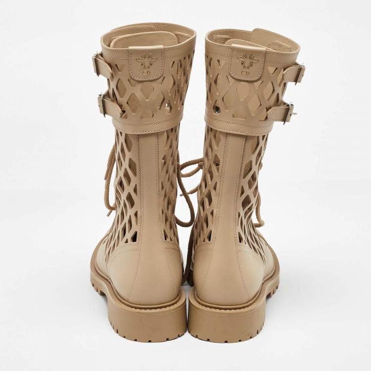 Pre Owned Dior Beige Leather Laser cut Accents Combat Boots Size 39.5