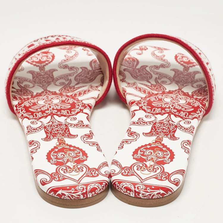 Pre Owned Dior Red/White Embroidered Canvas Dway Flat Slides Size 39.5