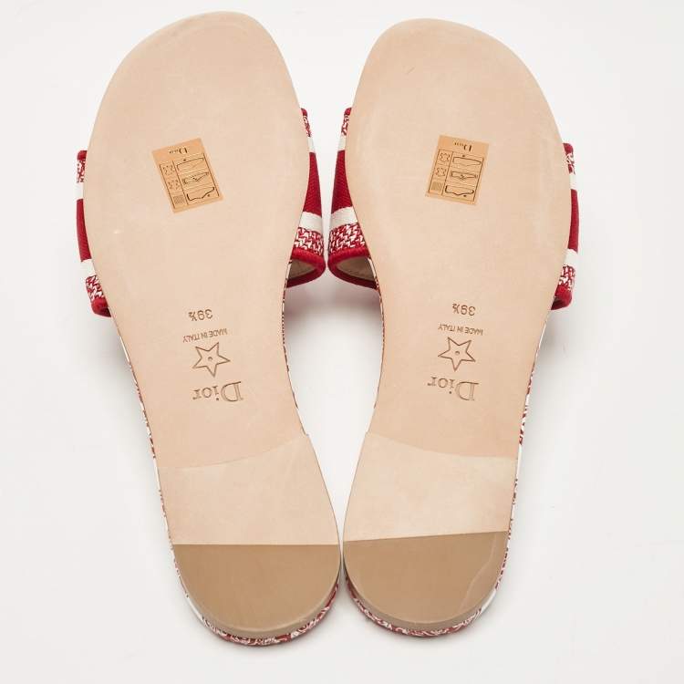 Pre Owned Dior Red/White Embroidered Canvas Dway Flat Slides Size 39.5