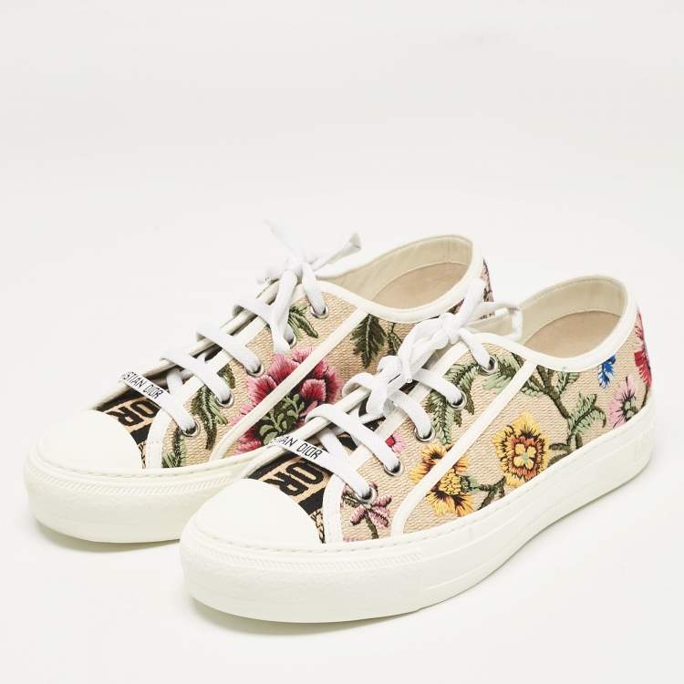Pre Owned Dior Beige Canvas and Raffia Flower Embroidered Walk'n'Dior  Sneakers Size 37