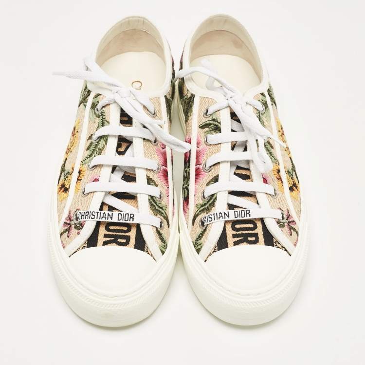 Pre Owned Dior Beige Canvas and Raffia Flower Embroidered Walk'n'Dior  Sneakers Size 37