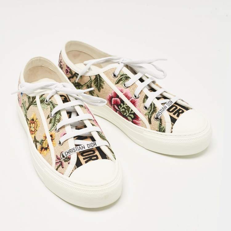 Pre Owned Dior Beige Canvas and Raffia Flower Embroidered Walk'n'Dior  Sneakers Size 37