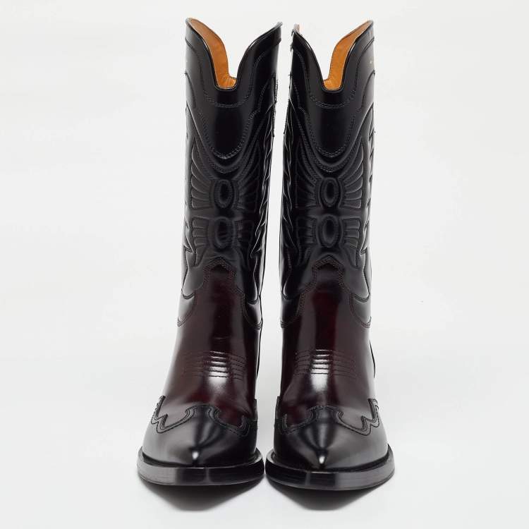 Pre Owned Dior Black/Brown Leather Embroidered Knee Length Boots Size 39.5