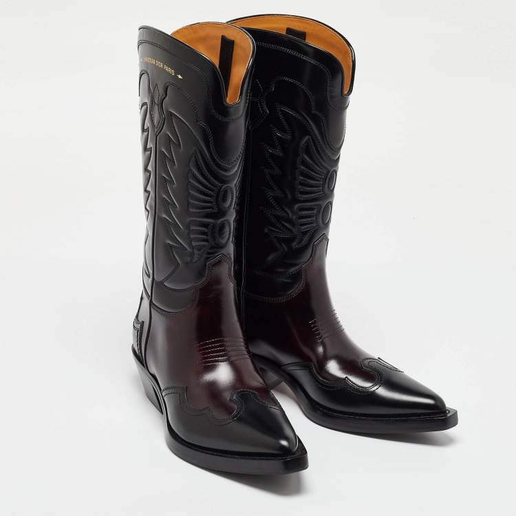 Pre Owned Dior Black/Brown Leather Embroidered Knee Length Boots Size 39.5