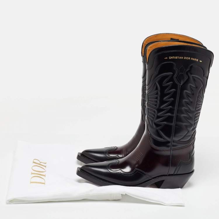 Pre Owned Dior Black/Brown Leather Embroidered Knee Length Boots Size 39.5