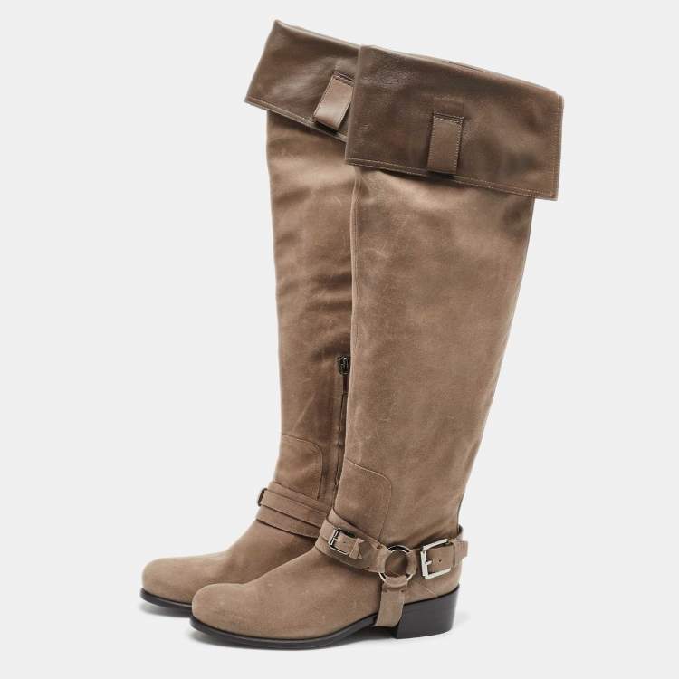 Pre Owned Dior Brown Suede and Leather Biker High Boots Size 40
