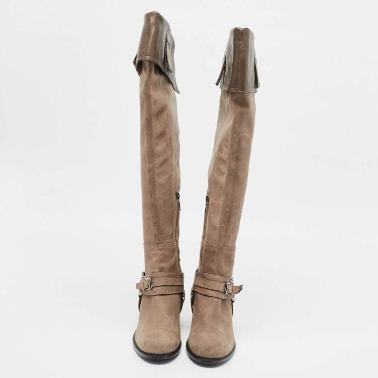 Pre Owned Dior Brown Suede and Leather Biker High Boots Size 40