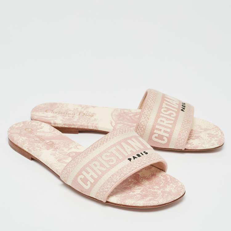 Pre Owned Dior Pink/Cream Fabric Dway Flat Slides Size 38